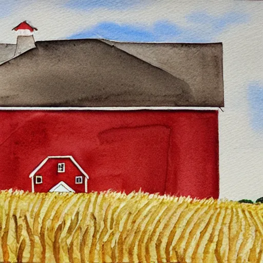 Prompt: watercolor painting. A red farm house with a gambrel style roof. It's standing in the middle of a wheat field