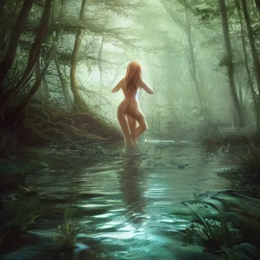 Image similar to forest nymph rising from the water. view from behind, wide angle view, back view. nuri iyem, james gurney, james jean, greg rutkowski, anato finnstark, davinci, emma watson, gigachad. trending on artstation, starlight, and enchanted dreams. instagram photo shoot, trending on pinterest, corrected hand, perfect hands