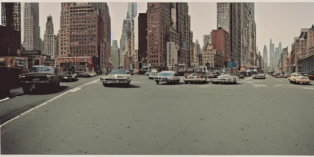 Image similar to new york city street in the morning, photography by william eggleston and stephen shore en 1 9 6 8
