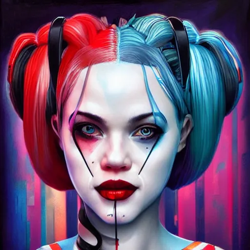 Image similar to lofi biopunk harley quinn portrait, Pixar style, by Tristan Eaton Stanley Artgerm and Tom Bagshaw.