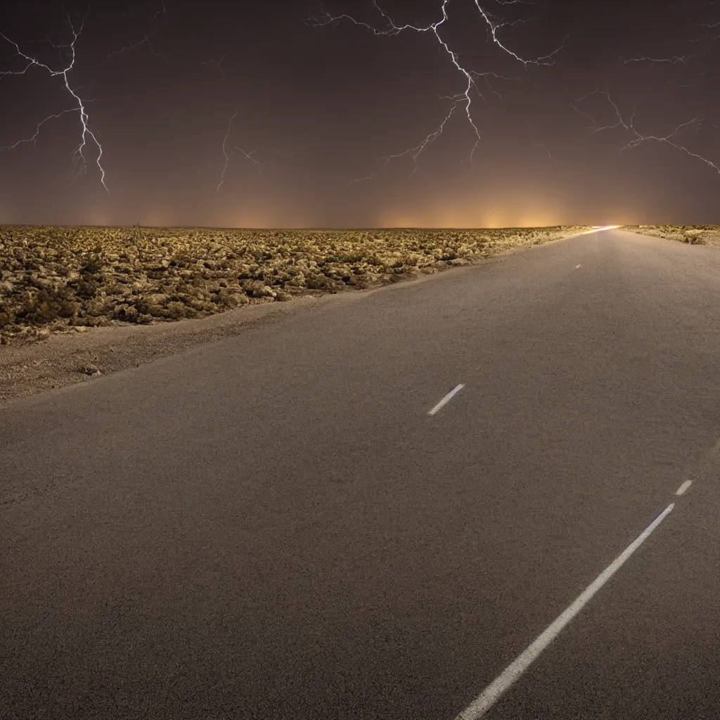 Image similar to road at night desert distant flash of lightning cinematic still