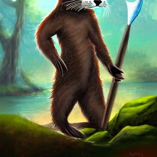 Image similar to furry otter warrior, fantasy art, lightweight armour, near the river, waterfall, digital art, high quality