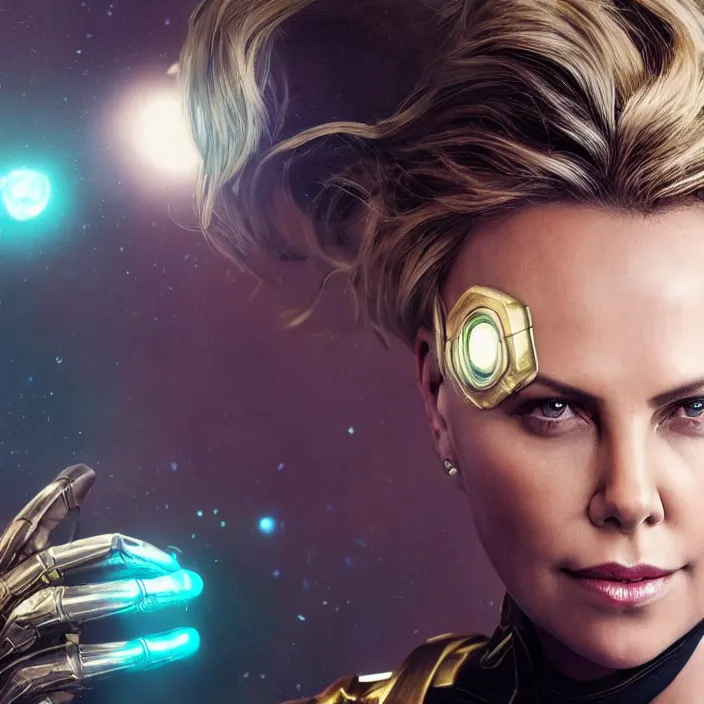 Image similar to portrait of ((Charlize Theron)), wearing The Infinity Gauntlet. SNAP. intricate artwork. octane render, trending on artstation, very coherent symmetrical artwork. avengers. thanos. cinematic, hyper realism, high detail, octane render, 8k, iridescent accents