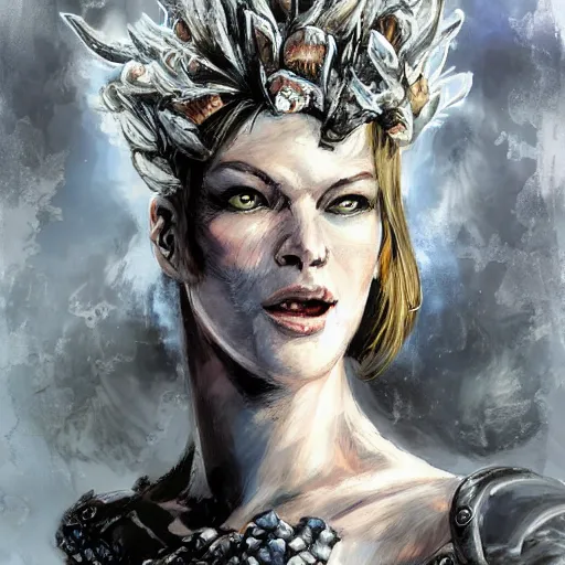 Image similar to mister freeze as an attractive young smiling woman played by milla jovovich wearing a mushroom crown and heavy armoured wedding dress, face portrait, hd shot, digital portrait, elegant, beautiful, fantasy art, artstation, comic style, by artgerm, guy denning, jakub rozalski, magali villeneuve and charlie bowater