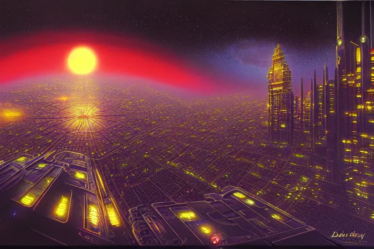 Image similar to a scifi illustration, Night City on Coruscant by david a hardy