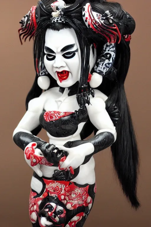 Image similar to porcelain oni geisha made by Kris Kuksi and HR Giger