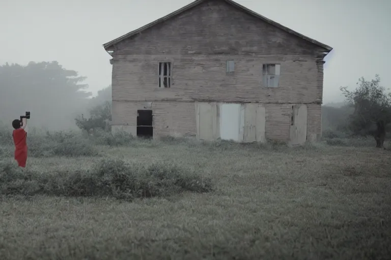 Image similar to a tourist taking a photo of an abandoned farmhouse, cinematic shot, foggy, photo still from movie by denis villeneuve