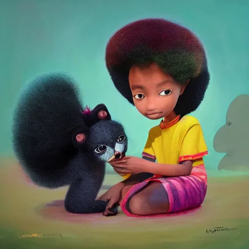 Image similar to a black princess girl with a colorful afro and big beautiful eyes playing with her furry pet, bright colours, watercolor, volumetric wool felting, macro photography, children illustration, by goro fujita