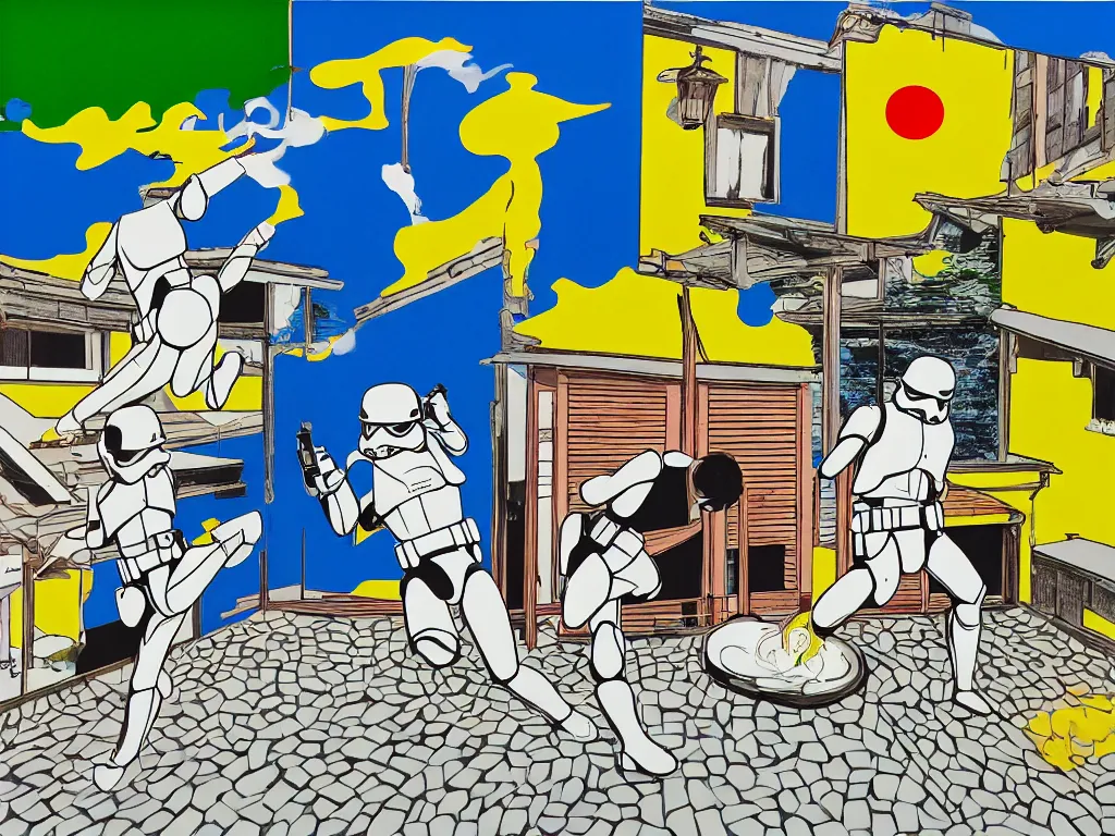 Image similar to hyperrealism composition of the japanese house with a hot springs in the garden, two detailed stormtroopers bathe in a hot spring, pop - art style, jacky tsai style, andy warhol style, roy lichtenstein style, acrylic on canvas