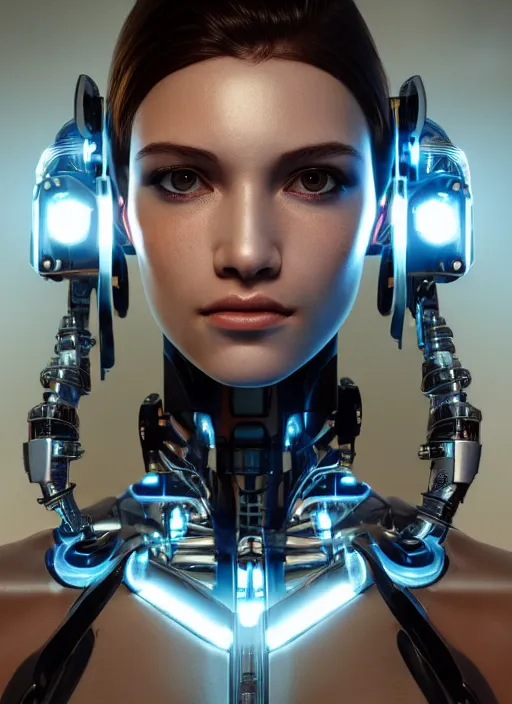 Prompt: photorealistic detailed full body picture of a female cyborg, pretty face, standing, glamour pose, neon lights, humanoid, extreme, uhdr, book called the most influental cyborg in 2 0 5 0, fine details, highly detailed, intricate, smooth sharp focus, symmetrical features, environmental portrait, realistic render