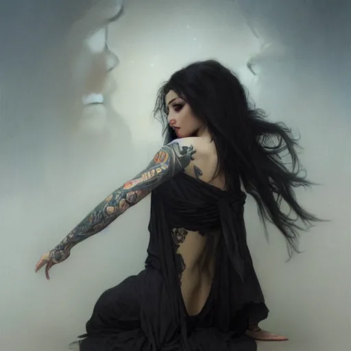 Prompt: portrait of a sexy goth girl with tattoo, intricate, elegant, highly detailed, digital painting, artstation, concept art, smooth, sharp focus, illustration, art by artgerm and greg rutkowski and alphonse mucha and william - adolphe bouguereau