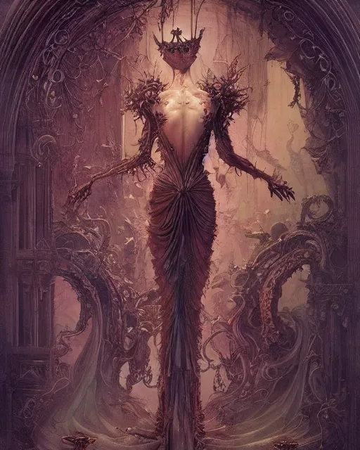 Image similar to a beautiful detailed front view of a dead rotten princess growing ornate baroque, ornamentation, elegant, beautifully soft lit, by wayne barlowe, peter mohrbacher, kelly mckernan