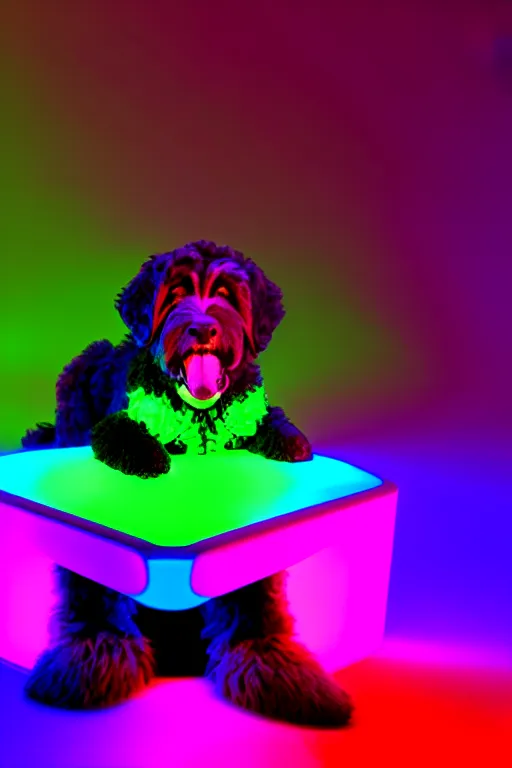 Image similar to young gamer sitting in gaming chair + neon rgb light strips, large computer monitor, galaxy themed room, cute bernedoodle puppy sitting at his feet, 4 k, award winning, octane render, volumetric lighting