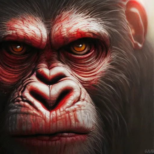 Prompt: scarred koba from the planet of the apes with one red glowing eye sitting on top of a tank, hero character art, scars, by chris leib and greg rutkowski in a surreal portrait, oil on canvas, volumetric lighting, 8k, hd.