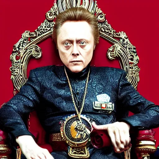 Image similar to Christopher Walken as a menacing space emperor seated on an ostentatious throne