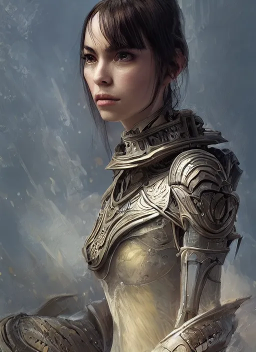 Image similar to a professional portrait of a beautiful young female, clothed in ethereal battle armor, olive skin, long dark hair, beautiful bone structure, symmetrical facial features, intricate, elegant, digital painting, concept art, smooth, sharp focus, finely detailed, illustration, from Valerian and the City of a Thousand Planets, in the style of Ruan Jia and Mandy Jurgens and Artgerm and Greg Rutkowski and William-Adolphe Bouguerea