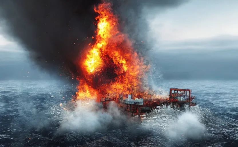 Prompt: a nestle branded oil derrick with huge nestle logo sits burning and crumbing in the ocean near a fjord, leaking oil into the water, rough choppy waves, thick black smoke billows into the air, stormy clouds, dystopian, sharp detail, octane render, 8k