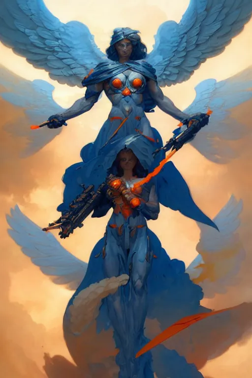 Prompt: highly detailed and complex angel of war, blue and orange color scheme, by peter mohrbacher and greg rutkowski and gaston bussiere and craig mullins and j. c. leyendecker