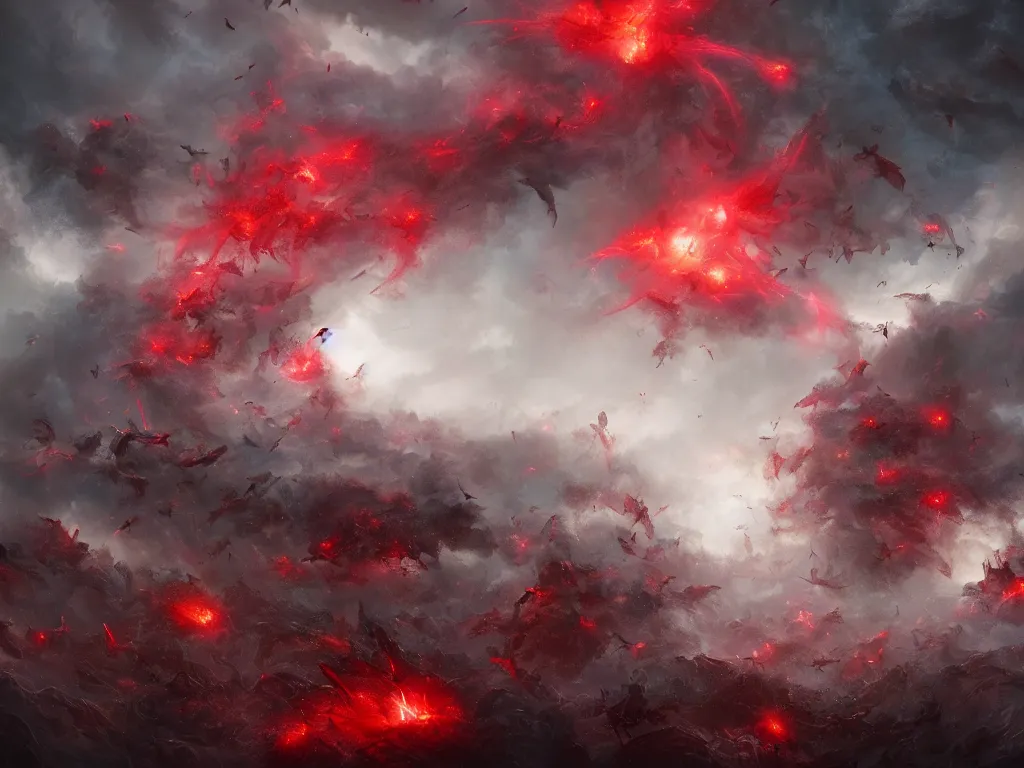 Image similar to a horde of angels falling from the sky, red lightning, apocalypse, eerie, digital painting, trending on artstation, deviantart, 8k, epic composition, intrinsic details, perfect coherence