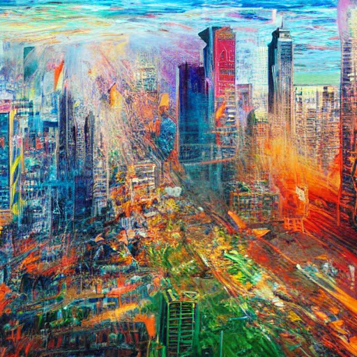 Image similar to Hyperrealistic intensely colored studio Photograph portrait of a Godzilla terrorizing Omaha skyline long exposure, award-winning nature expressionistic impasto oil painting by Fabian Marcaccio and Jean Dubuffet and Audubon vivid colors hyperrealism 8k