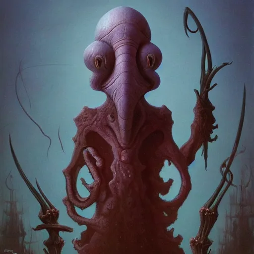 Prompt: squidward as a bloodborne boss by zdzisław beksiński