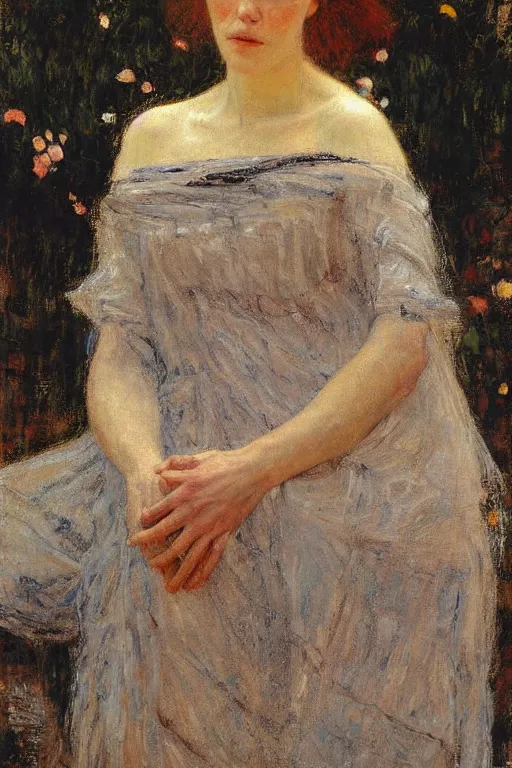 Prompt: Richard Schmid and Jeremy Lipking and Gustav Klimt full length portrait painting of a young beautiful woman