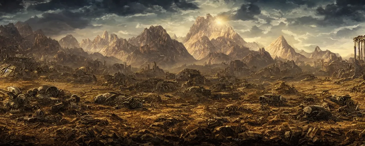 Image similar to apocalypse landscape, ruins and mountain in the background, broken rusty robots scattered on the ground, masterpiece 4k, intricate details, realistic, panoramic view, Hyperdetailed, 8k resolution, intricate art nouveau