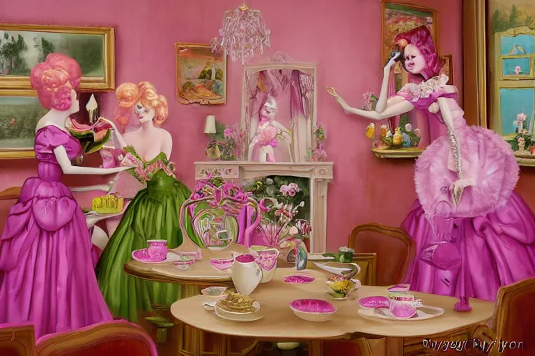 Image similar to Angelyne fights a clone of herself in the tea room, painted by mark ryden