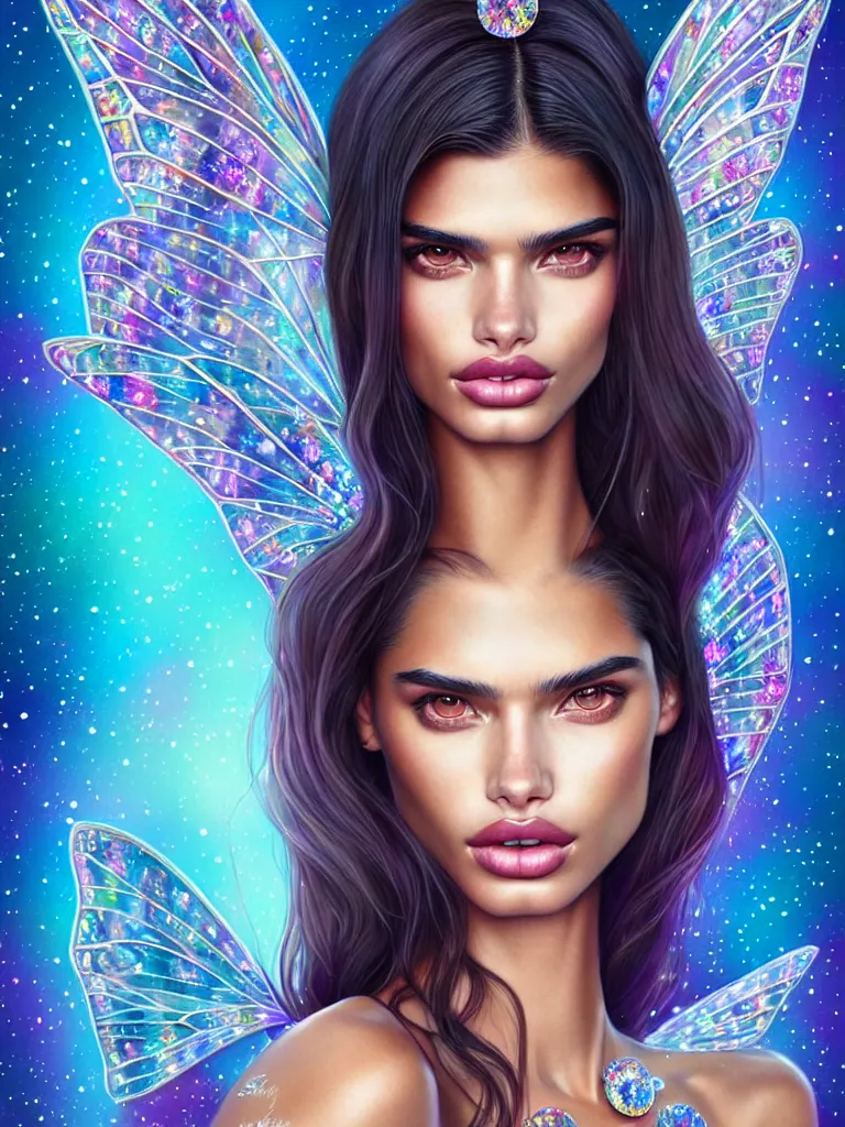 Prompt: fantastic portrait of sara sampaio with some shinny star, cloak, royally decorated crystal gemstones, symmetrical face, 3 d render, portrait, cute, fairy, by artgerm, kelly mckernan, detailed background, artstation, intricate, elegant, highly detailed, colorful, maximalist