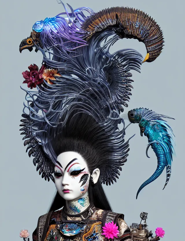 Prompt: 3 d coherent goddess close - up profile portrait punk with mohawk with ram skull. beautiful intricately detailed japanese crow kitsune mask and clasical japanese kimono. betta fish, jellyfish phoenix, bio luminescent, plasma, ice, water, wind, creature, artwork by tooth wu and wlop and beeple and greg rutkowski