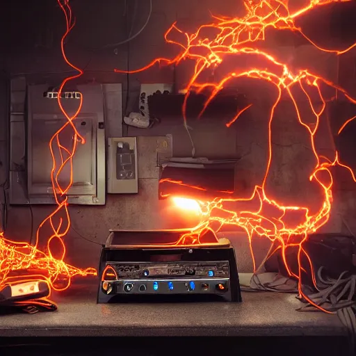 Image similar to overcharging toaster oven, tangles of metallic cables, dark messy smoke - filled cluttered workshop, dark, dramatic lighting, orange tint, sparks, plasma charges, cinematic, highly detailed, sci - fi, futuristic, movie still