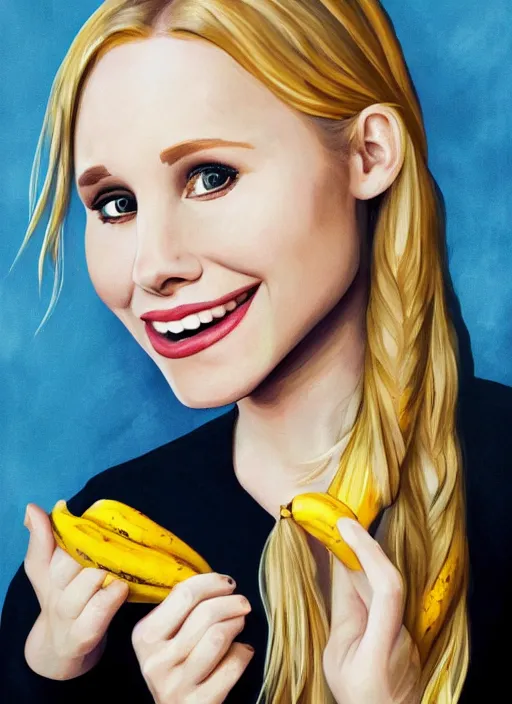 Prompt: portrait of kristen bell eating a banana, intricate, elegant, highly detailed, photorealistic, trending on artstation, digital art