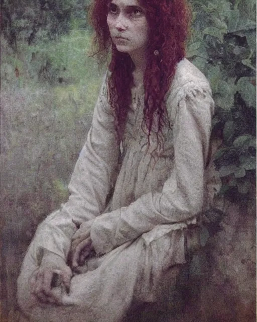 Image similar to a beautiful but sinister, creepy young woman who looks like a young shirley henderson in layers of fear, with haunted eyes and curly hair, 1 9 7 0 s, seventies, delicate embellishments, a little blood, crimson, painterly, offset printing technique, by jules bastien - lepage