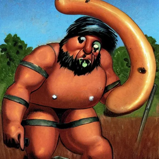 Prompt: a cyclops wielding a savaloy sausage