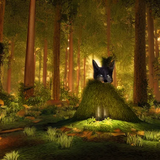 Image similar to second life game screenshot of a fluffy black fox close up beautiful and amazing fantasy forest at night, octane engine, 4 k screenshot