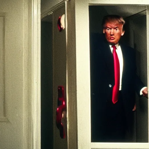 Image similar to Donald Trump wielding an axe breaking through the door in that scene in The Shining