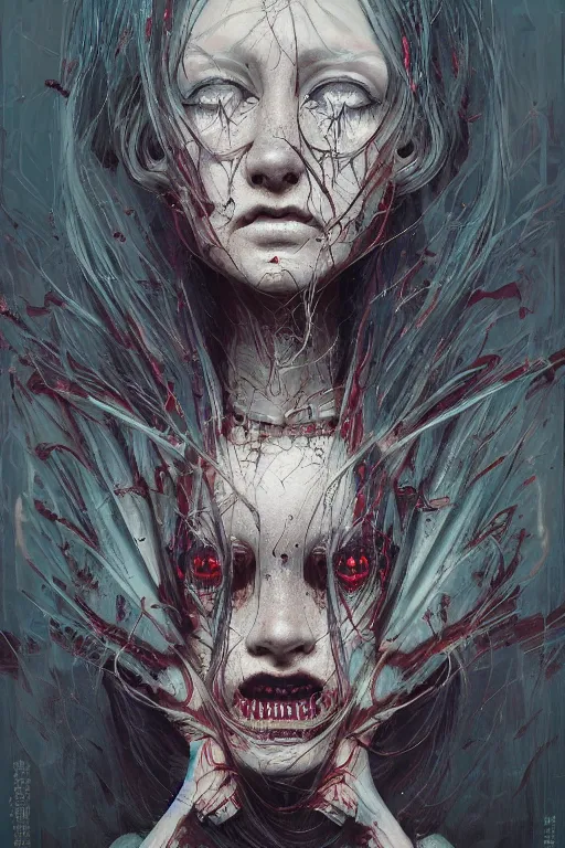 Image similar to portrait of a creepy horror punk girl . intricate abstract. intricate artwork. nightmare fuel. terrifying. by Tooth Wu, wlop, dan mumford , trending on artstation, greg rutkowski very coherent symmetrical artwork. cinematic, hyper realism, high detail, octane render, 8k