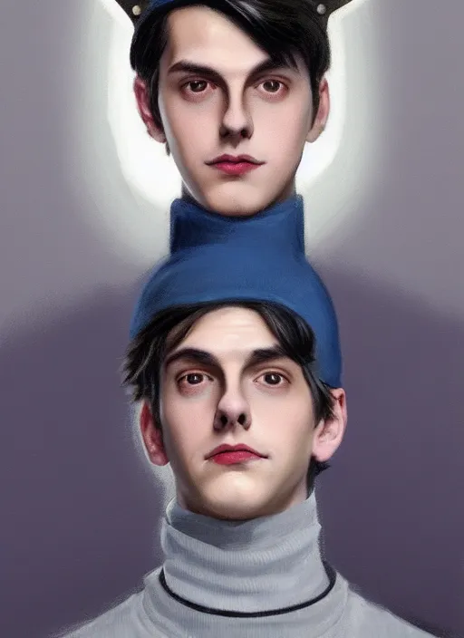 Image similar to portrait of teenage jughead jones wearing a light grey crown, crown, blue turtleneck, 1 9 5 0 s, closed eyes, photorealistic, black hair, glowing lighting, intricate, elegant, glowing lights, highly detailed, digital painting, artstation, concept art, smooth, sharp focus, illustration, art by wlop, mars ravelo and greg rutkowski