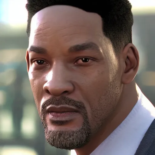 Image similar to a videogame still of Will Smith in Tekken 7, 40mm lens, shallow depth of field, split lighting