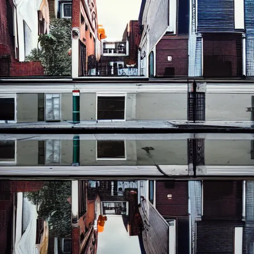 Image similar to realistic photo of puddle on sidewalk, buildings in reflection