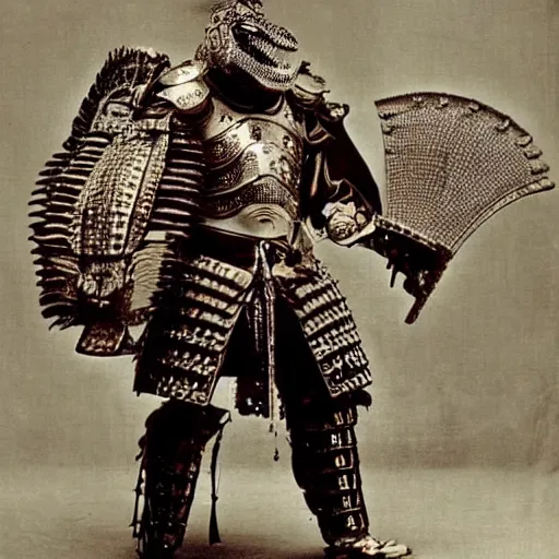 Image similar to “tyrannosaurus rex in full ornate samurai armour, 1900’s photo”