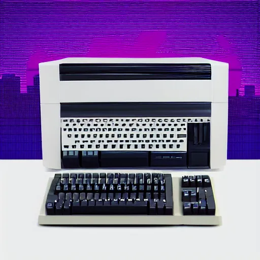 Prompt: commodore 6 4 with tape drive, retro computer in synthwave style