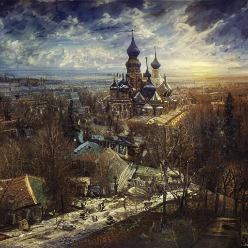 Prompt: photo ancient Slavic Russian city of Kitezh, fisheye lens, painting by Viktor Vasnetsov, concept art, magical city, fantasy cityscape, ancient Slavs, wooden buildings, ancient Russian architecture, terem, hyperborea, top cinematic lighting , cinematic mood, very detailed, 8k, high resolution, trending on artstation, artstationHD,