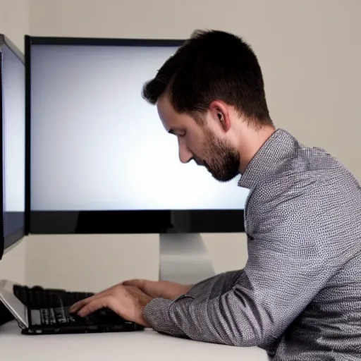 Image similar to During the night, man alone in black suit on computer illuminated only by the light of the computer screen, dark