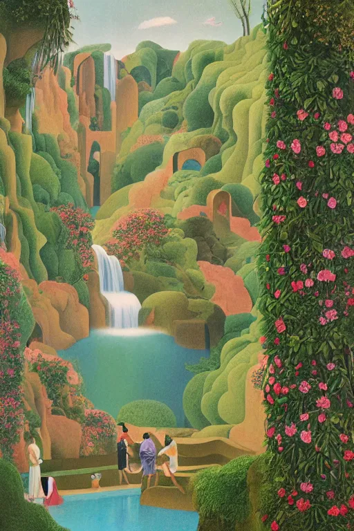Image similar to hanging gardens of babylon, waterfalls, blooming hills with spring flowers and pillars by helen lundeberg