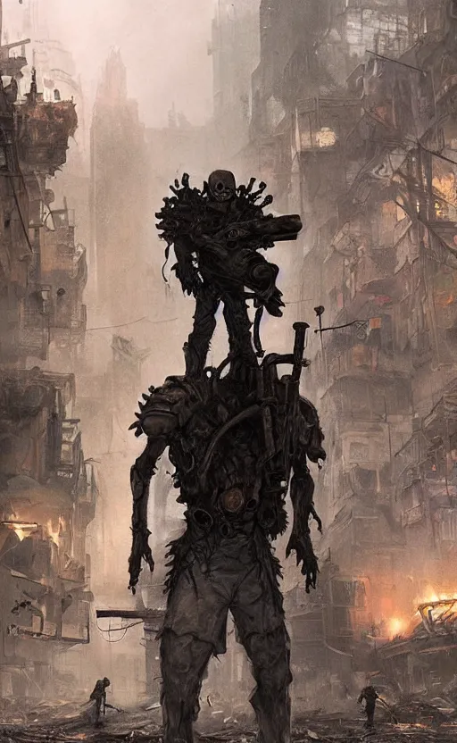 Prompt: A ghoul wearing raider gear stands in the middle of the street, ruined postapocalyptic city, science fiction, highly detailed, digital painting, artstation, concept art, illustration, art by Greg Rutkowski and alphonse mucha