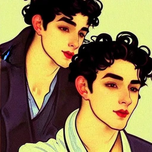 Image similar to painting of young cute handsome beautiful dark medium wavy hair man in his 2 0 s named shadow taehyung and cute handsome beautiful min - jun together at the halloween! party, bubbling cauldron!, candles!, smoke, autumn! colors, elegant, wearing suits!, clothes!, delicate facial features, art by alphonse mucha, vincent van gogh, egon schiele