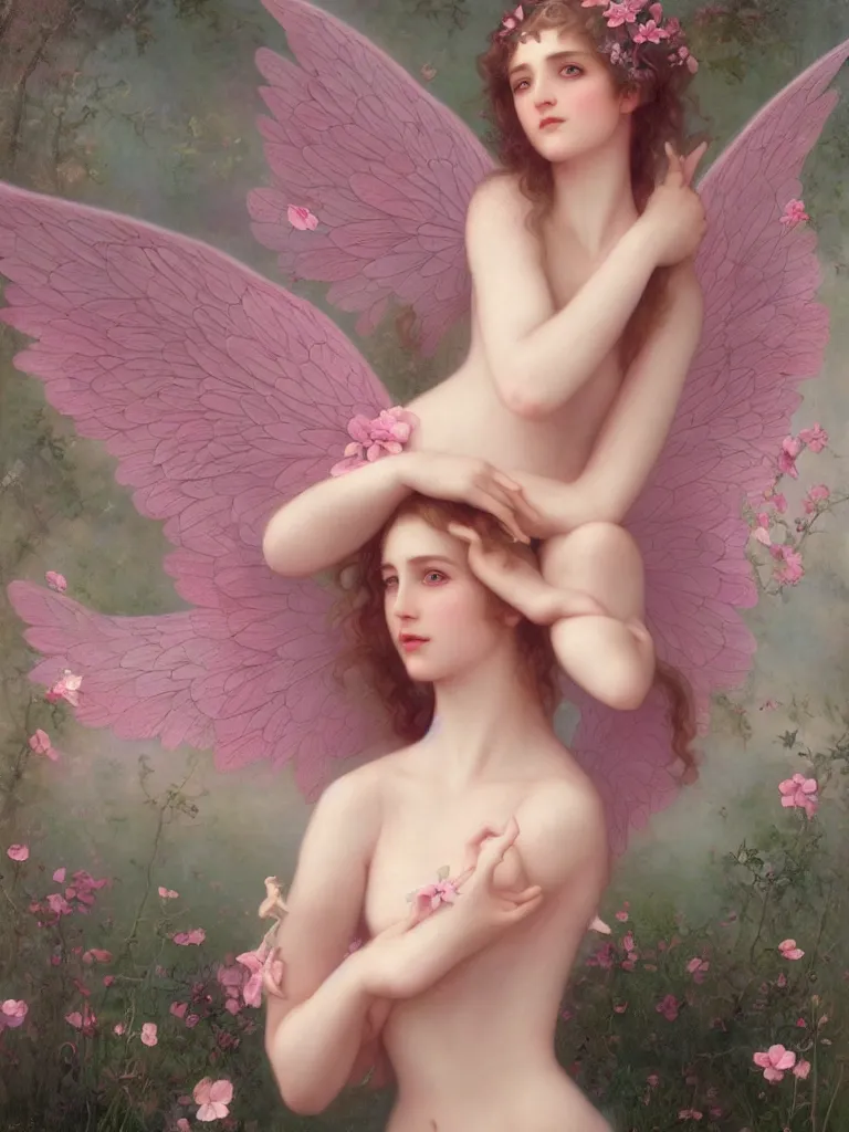 Image similar to one pink fairy with large wings exploring her lonely flower garden by herself in the style of tom bagshaw, william bouguereau, extremely detailed, muted colors, symmetrical face, large eyes, beautiful face