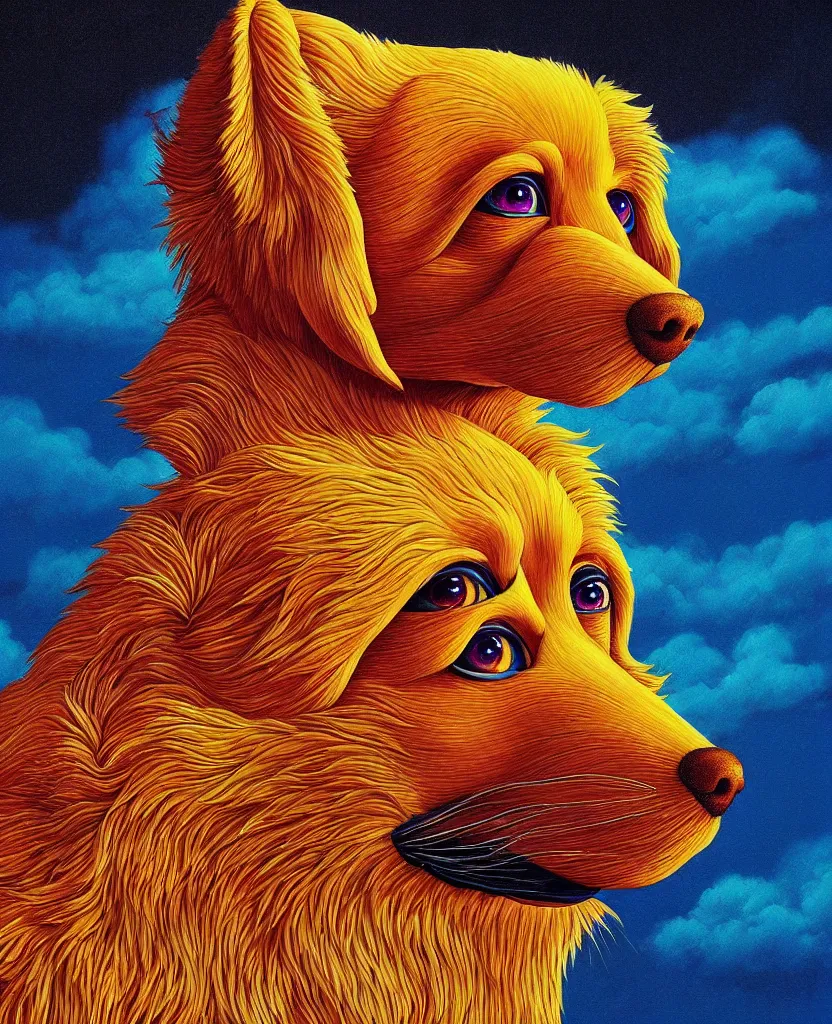 Image similar to beautiful painting cell shading from the anime film by studio ghibli, red anthropomorphic dog slitscan video effect, painting by Raqib shaw, detail fur,