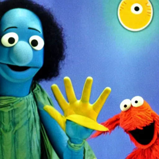 Image similar to Dr Manhattan on sesame Street laughing with big bird, cartoon